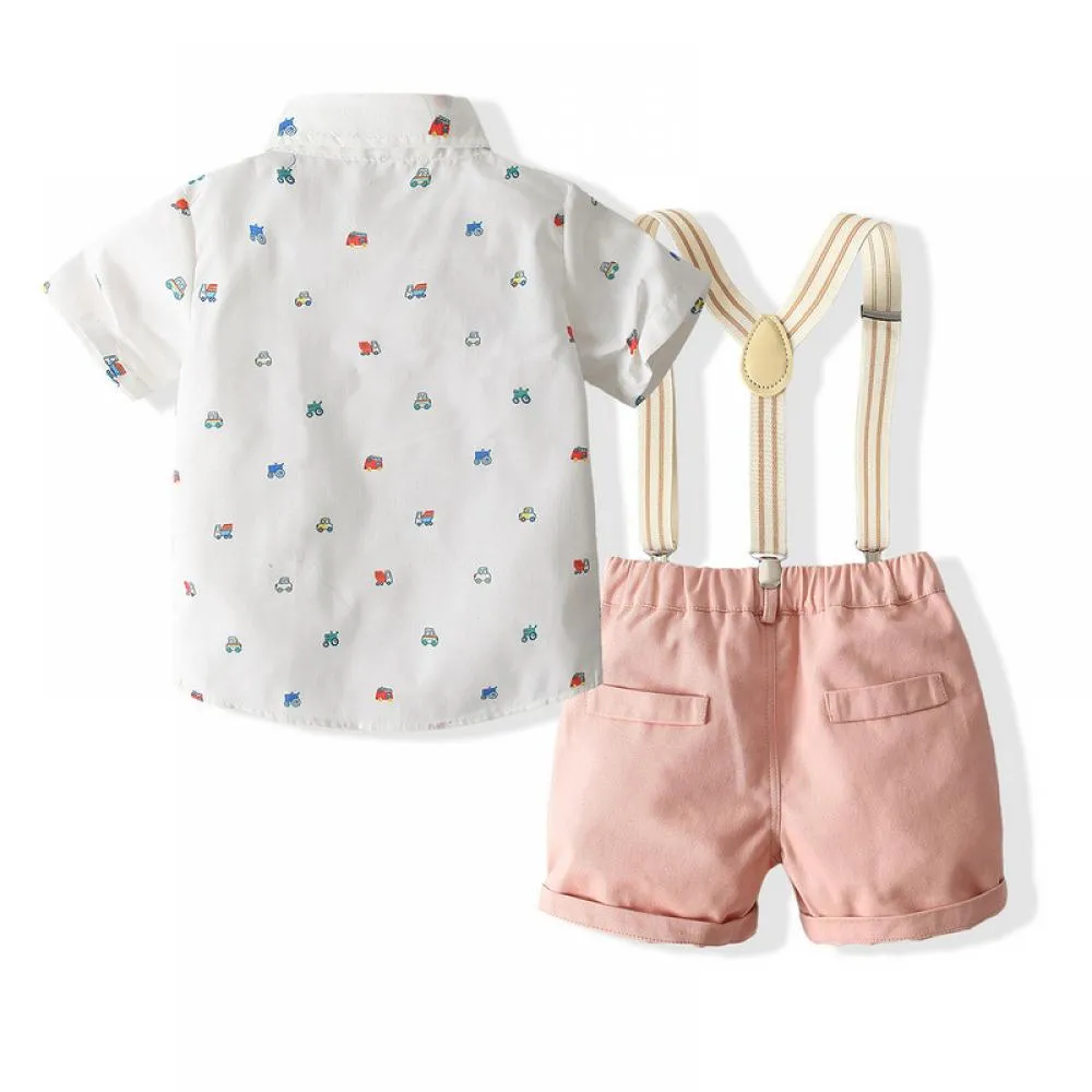 2~7T Children's Clothing 2022 Summer New Boy Short-Sleeved Cartoon Car Shirt Suspenders Suit Wholesale Kids Clothes
