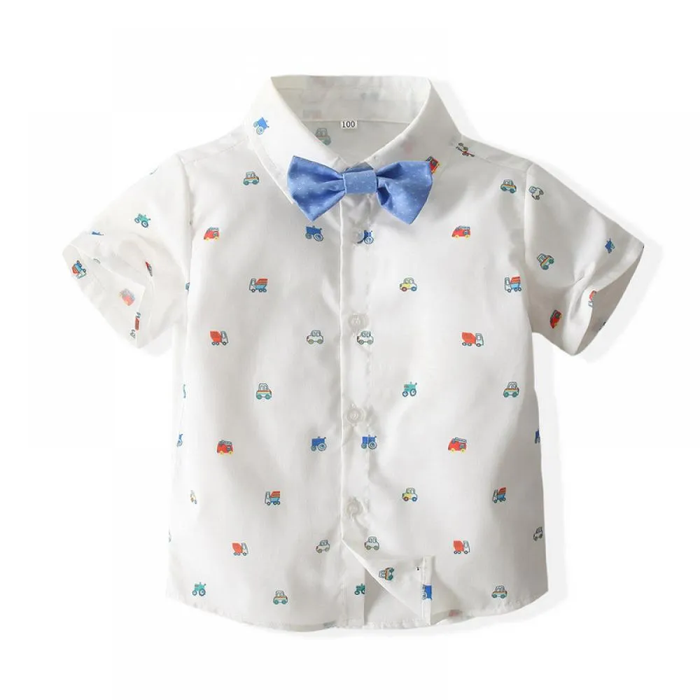 2~7T Children's Clothing 2022 Summer New Boy Short-Sleeved Cartoon Car Shirt Suspenders Suit Wholesale Kids Clothes