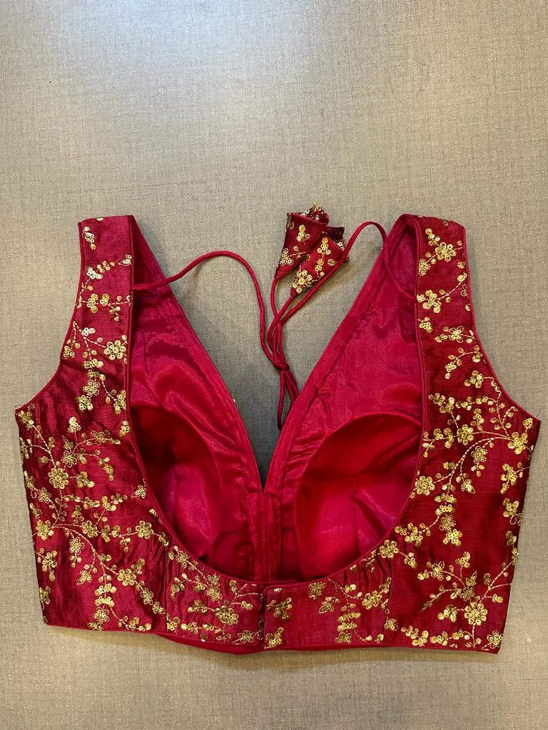 50V476-RO Maroon Sleeveless Saree Blouse with Golden Embroidery