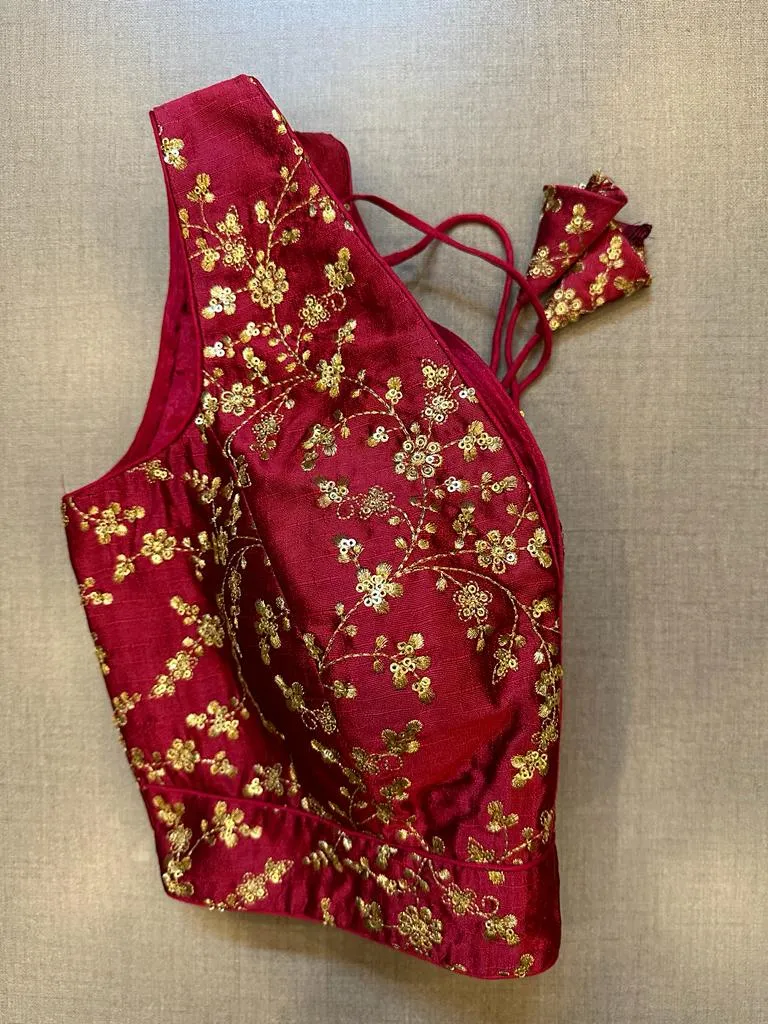 50V476-RO Maroon Sleeveless Saree Blouse with Golden Embroidery