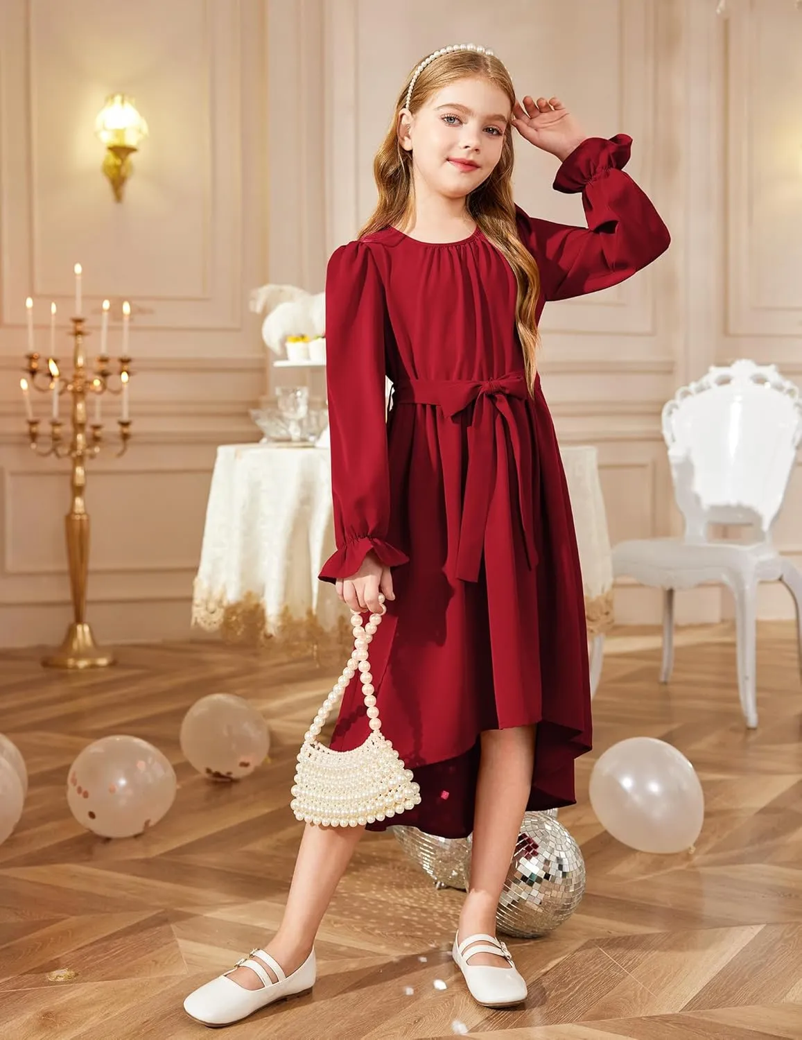 Arshiner Girls Long Sleeve Dress Low Flowy Swing Semi Party Dresses
