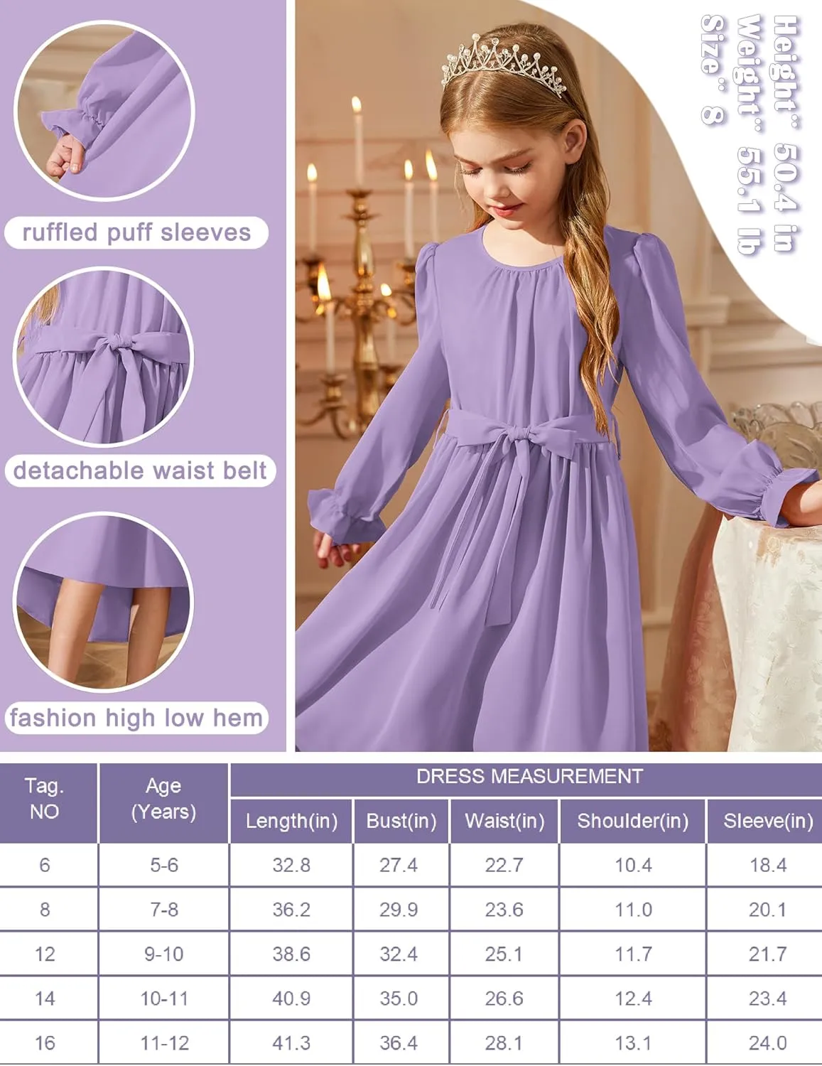 Arshiner Girls Long Sleeve Dress Low Flowy Swing Semi Party Dresses