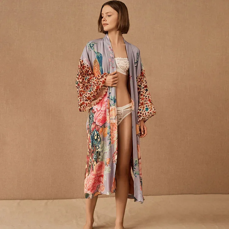 Beach Kimono for Women Peocock Printed Swimsuit Cover Up Self Belted Wrap Dresses Seaside Bathing Suits Beachwear