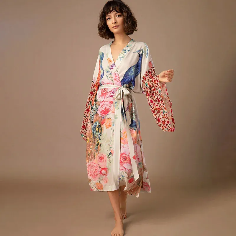 Beach Kimono for Women Peocock Printed Swimsuit Cover Up Self Belted Wrap Dresses Seaside Bathing Suits Beachwear
