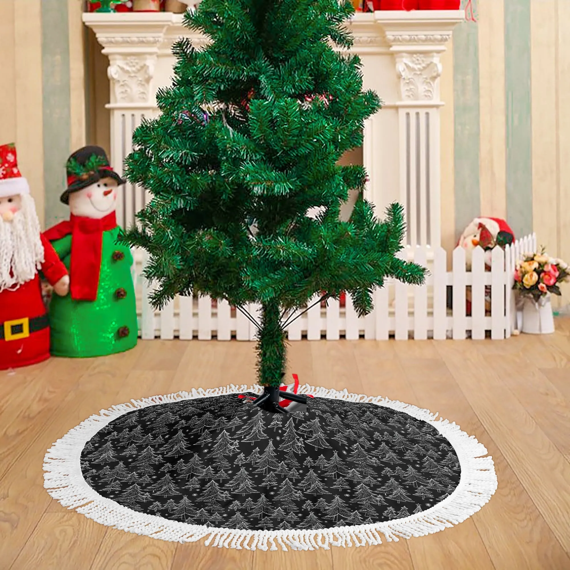 Black and White Christmas Tree Fringed Christmas Tree Skirts