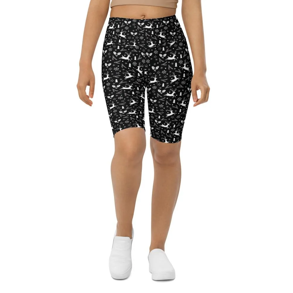 Black Reindeer Christmas Bike Shorts