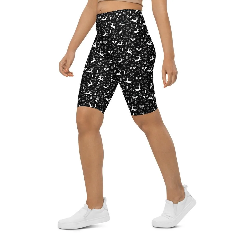 Black Reindeer Christmas Bike Shorts
