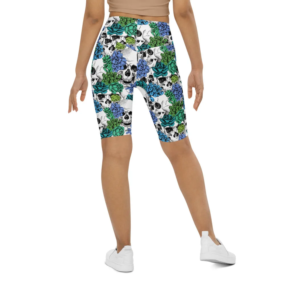 Blue Floral Skulls Bike Shorts