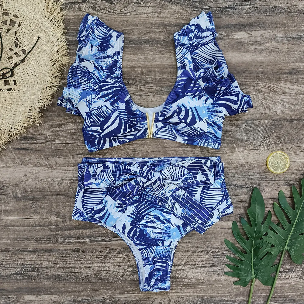 Blue Tropical Palm Print Ruffled Bikinis Set and Sarong