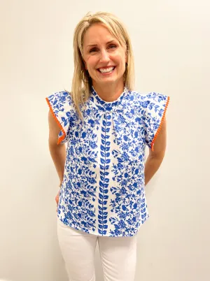 Blue/White Floral W/ Pompom Flutter Slv