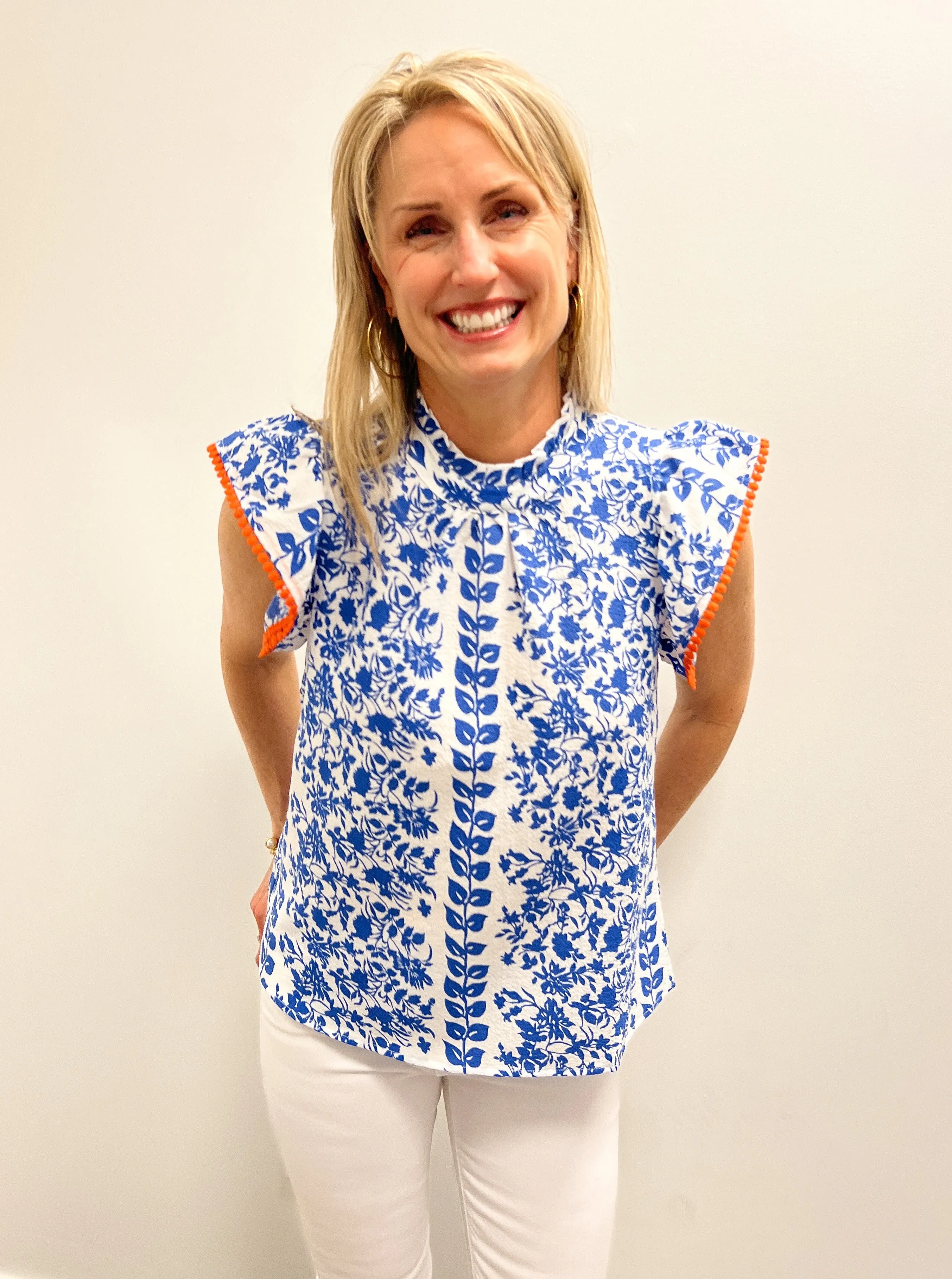 Blue/White Floral W/ Pompom Flutter Slv