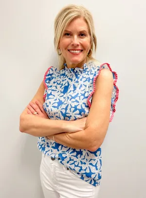 Blue/White Flower Print W/ Pompom Top