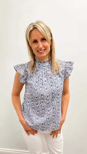 Blu/Wht Floral Flutter Slv High Neck Top