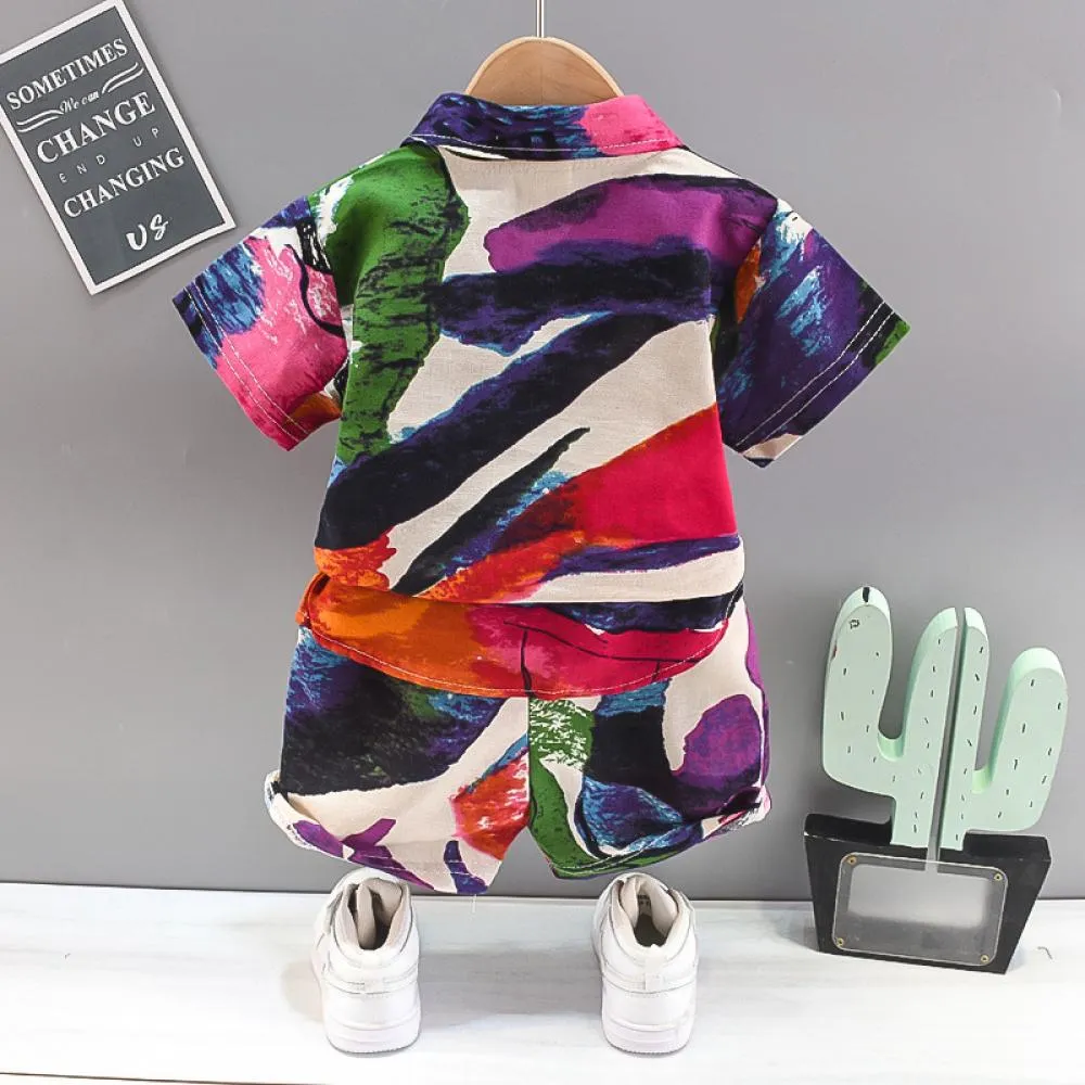 Boys Flower Shirt Suit Summer Western Style Two Piece Set Wholesale Baby Clothes