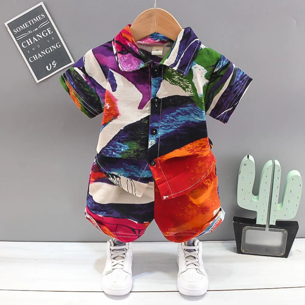 Boys Flower Shirt Suit Summer Western Style Two Piece Set Wholesale Baby Clothes