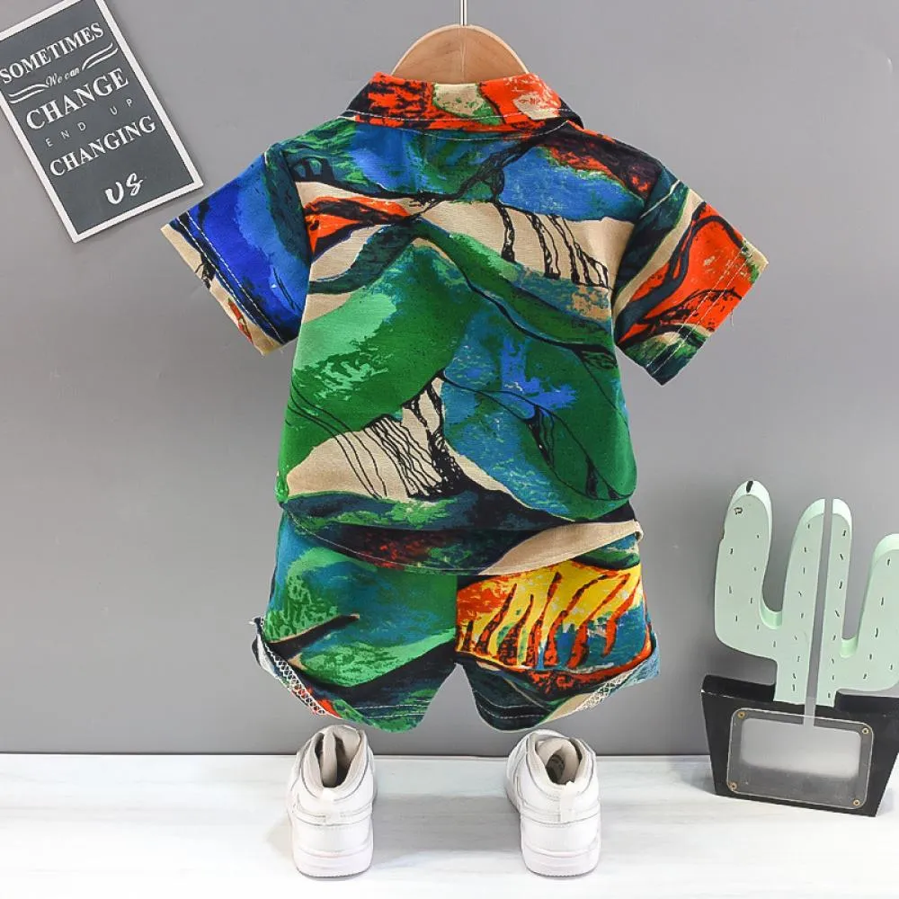 Boys Flower Shirt Suit Summer Western Style Two Piece Set Wholesale Baby Clothes
