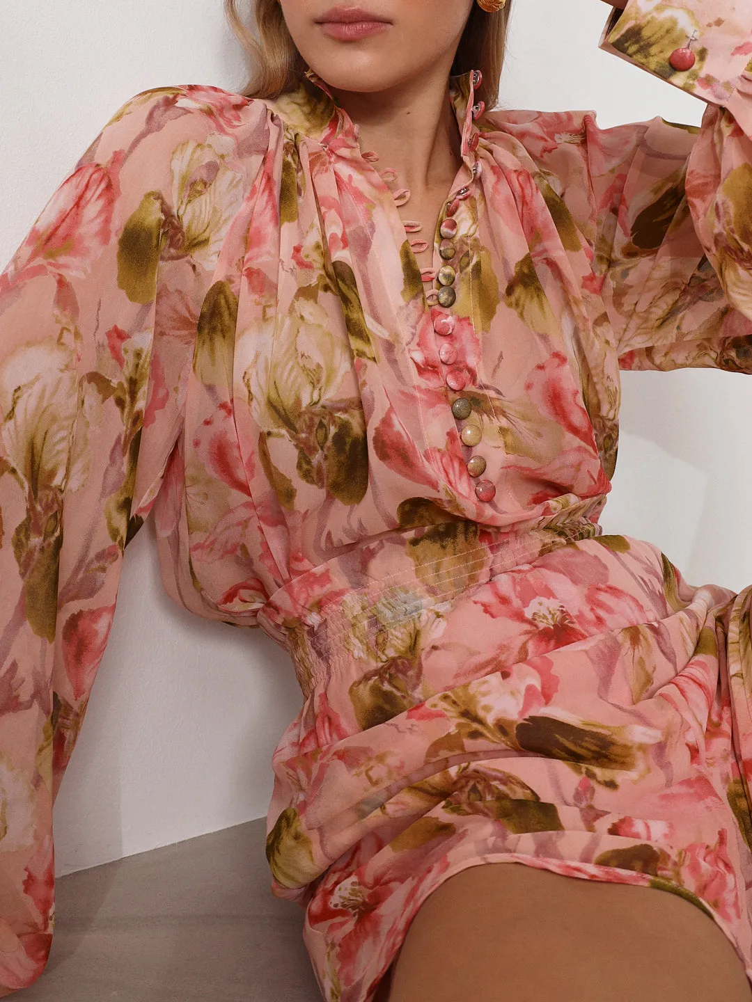 Carlotta Printed Volume Sleeve Blouse | Pink Mix