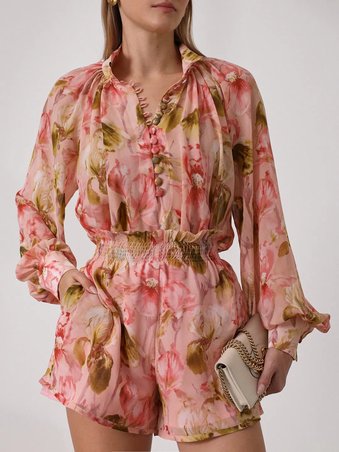 Carlotta Printed Volume Sleeve Blouse | Pink Mix