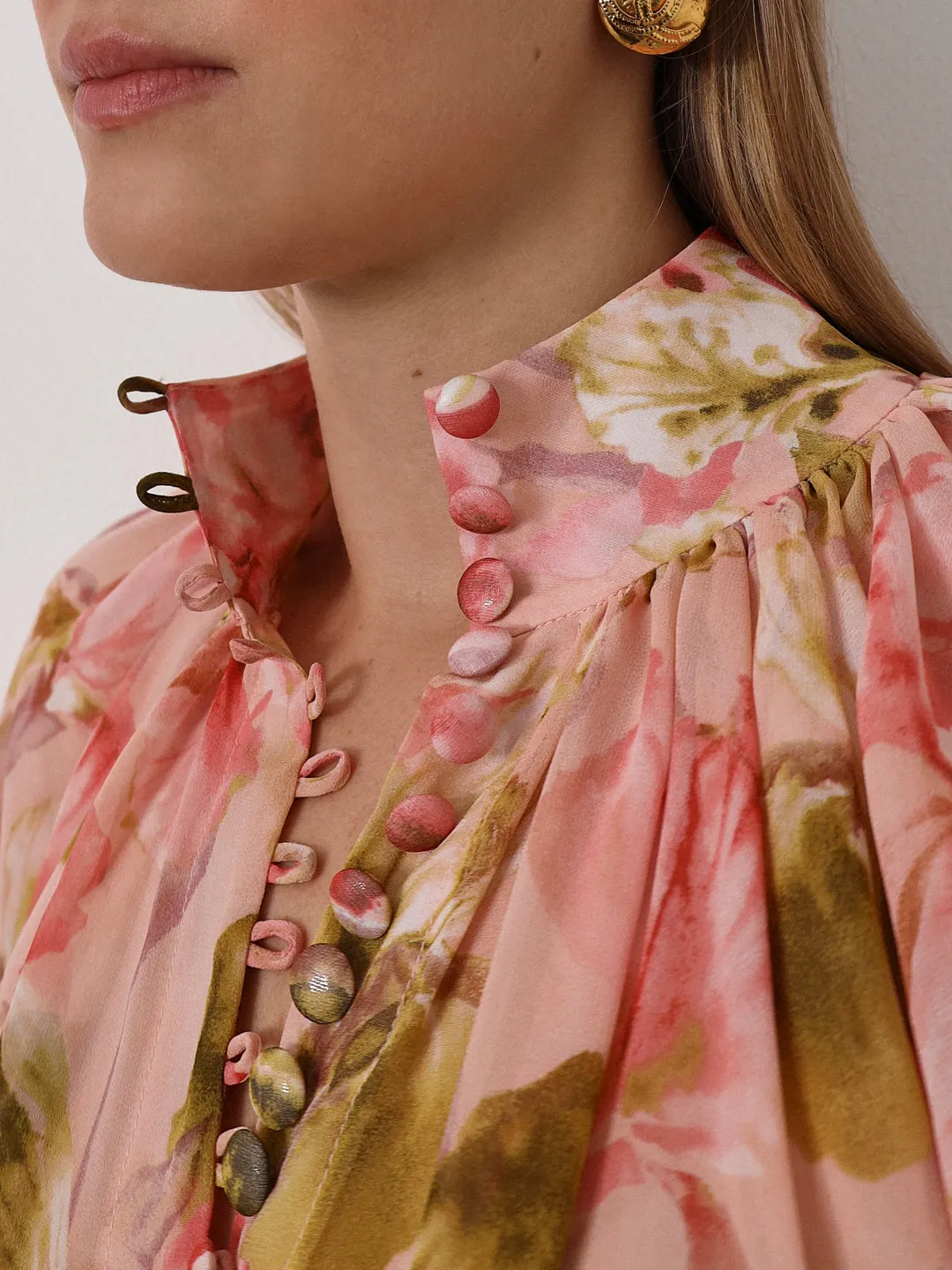 Carlotta Printed Volume Sleeve Blouse | Pink Mix