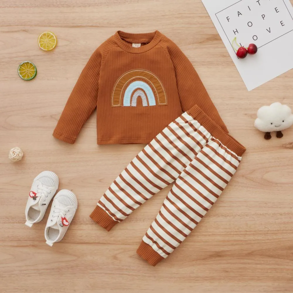Children's Autumn Girls Long Sleeve Rainbow Cotton Sweater   Pants Set Wholesale Baby Clothes