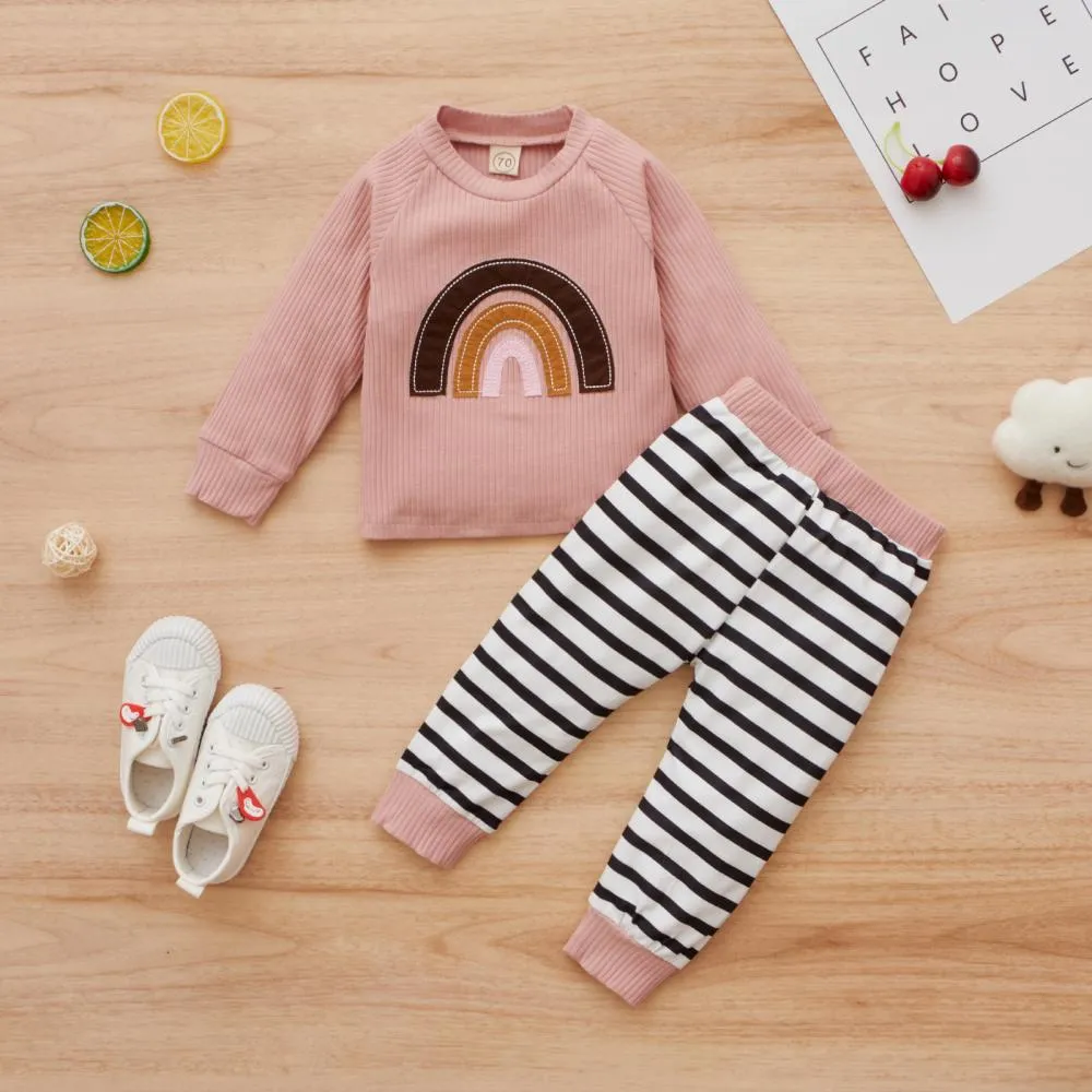 Children's Autumn Girls Long Sleeve Rainbow Cotton Sweater   Pants Set Wholesale Baby Clothes