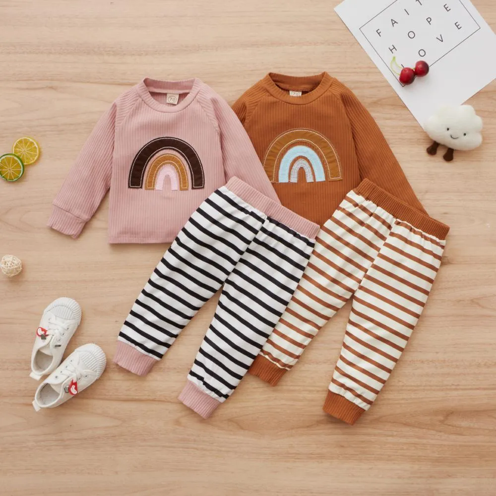 Children's Autumn Girls Long Sleeve Rainbow Cotton Sweater   Pants Set Wholesale Baby Clothes