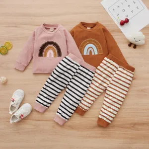 Children's Autumn Girls Long Sleeve Rainbow Cotton Sweater   Pants Set Wholesale Baby Clothes