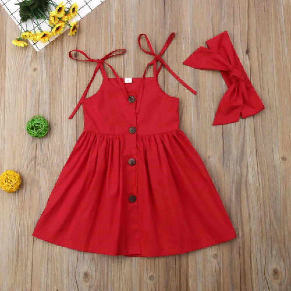 Children's Clothing Summer Red Dress Suspenders Girls Dress With Headband Wholesale Dress For Girl