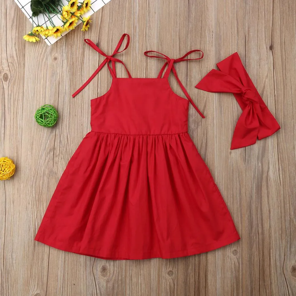 Children's Clothing Summer Red Dress Suspenders Girls Dress With Headband Wholesale Dress For Girl