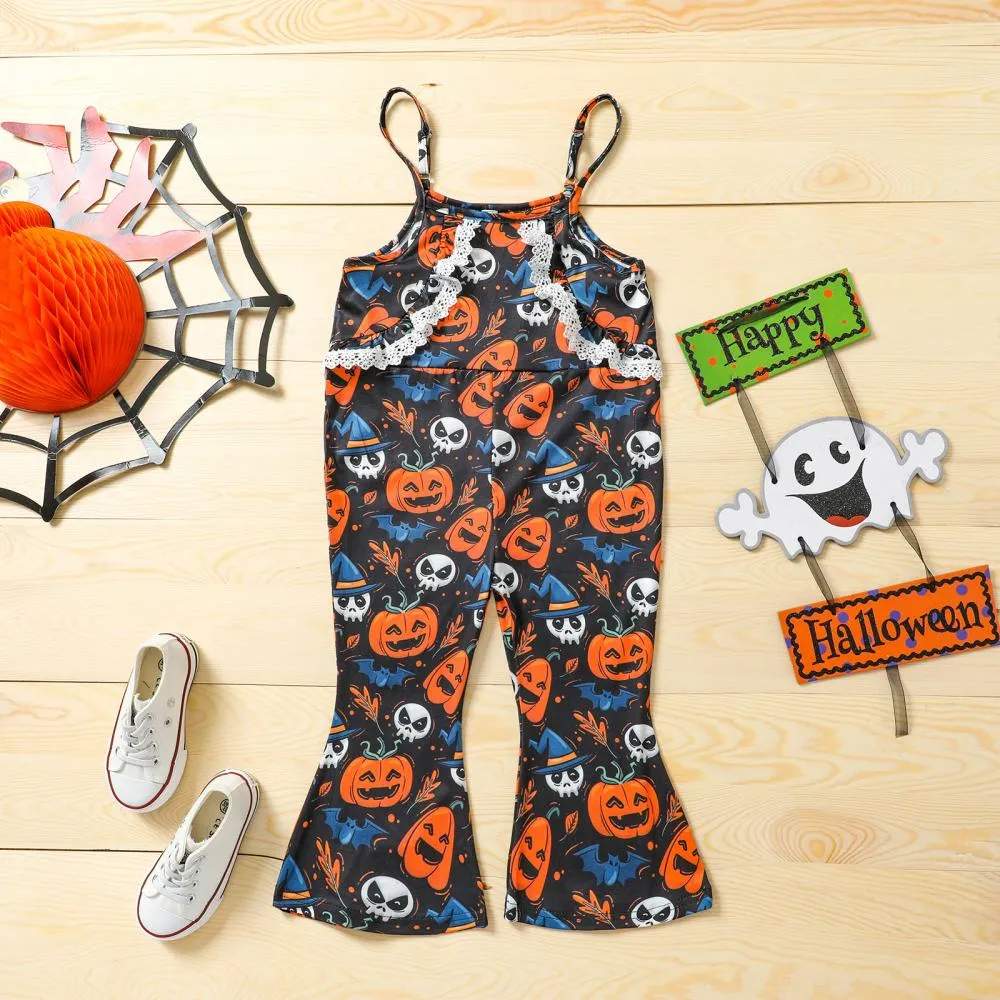 Children's Halloween Jumpsuit Pumpkin Print Sling Jumpsuit Long Jumpsuit Wholesale Girls Clothing
