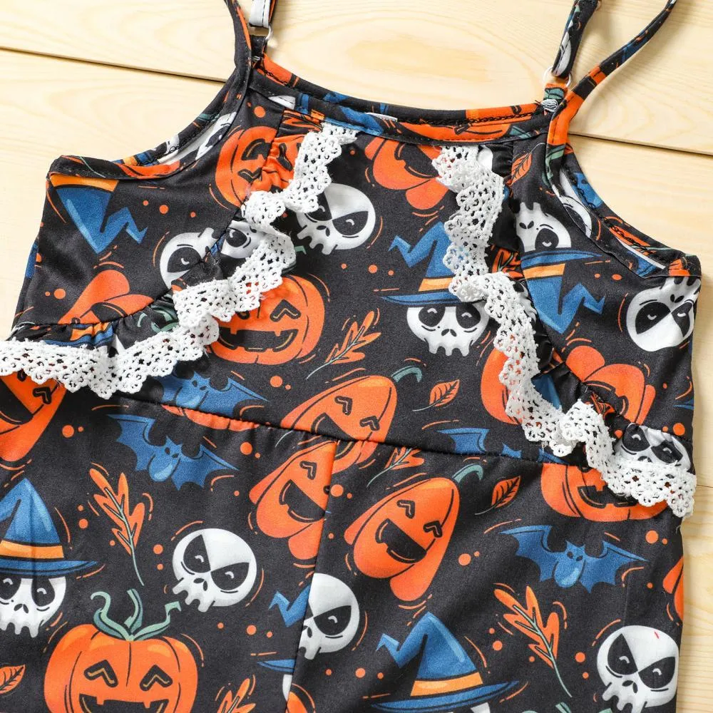 Children's Halloween Jumpsuit Pumpkin Print Sling Jumpsuit Long Jumpsuit Wholesale Girls Clothing