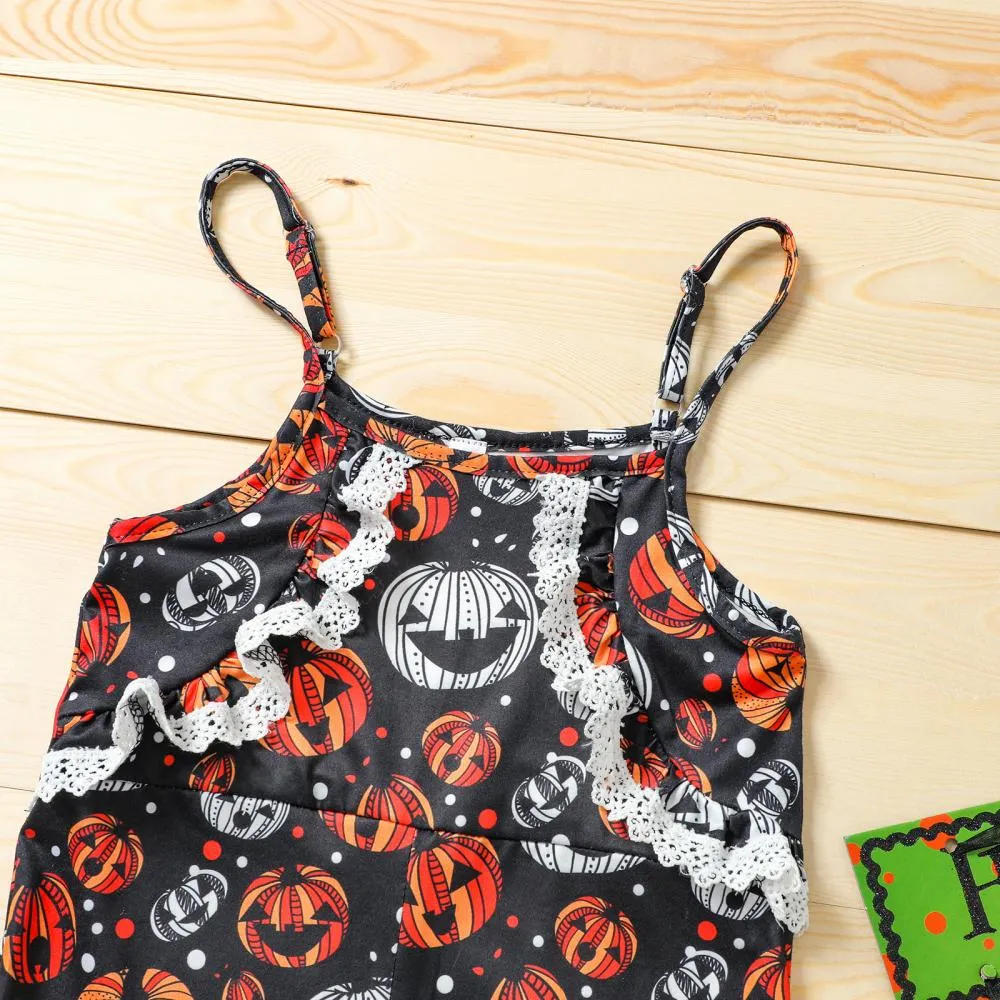 Children's Halloween Jumpsuit Pumpkin Print Sling Jumpsuit Long Jumpsuit Wholesale Girls Clothing