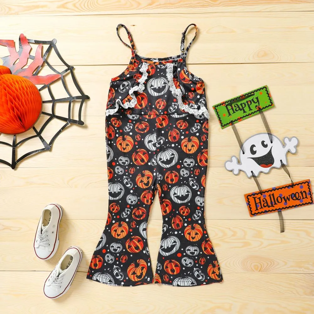 Children's Halloween Jumpsuit Pumpkin Print Sling Jumpsuit Long Jumpsuit Wholesale Girls Clothing