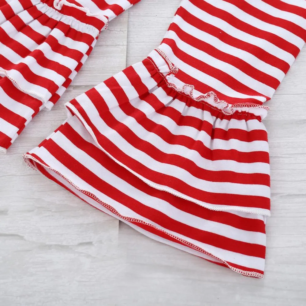 Christmas Children's Clothing Santa Claus Letter Print Long Sleeve Top Striped Flared Pants Set Wholesale