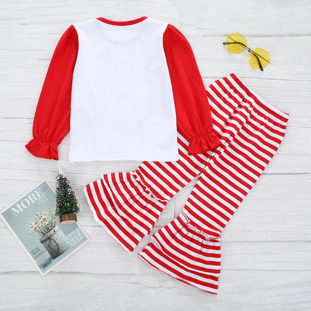 Christmas Children's Clothing Santa Claus Letter Print Long Sleeve Top Striped Flared Pants Set Wholesale