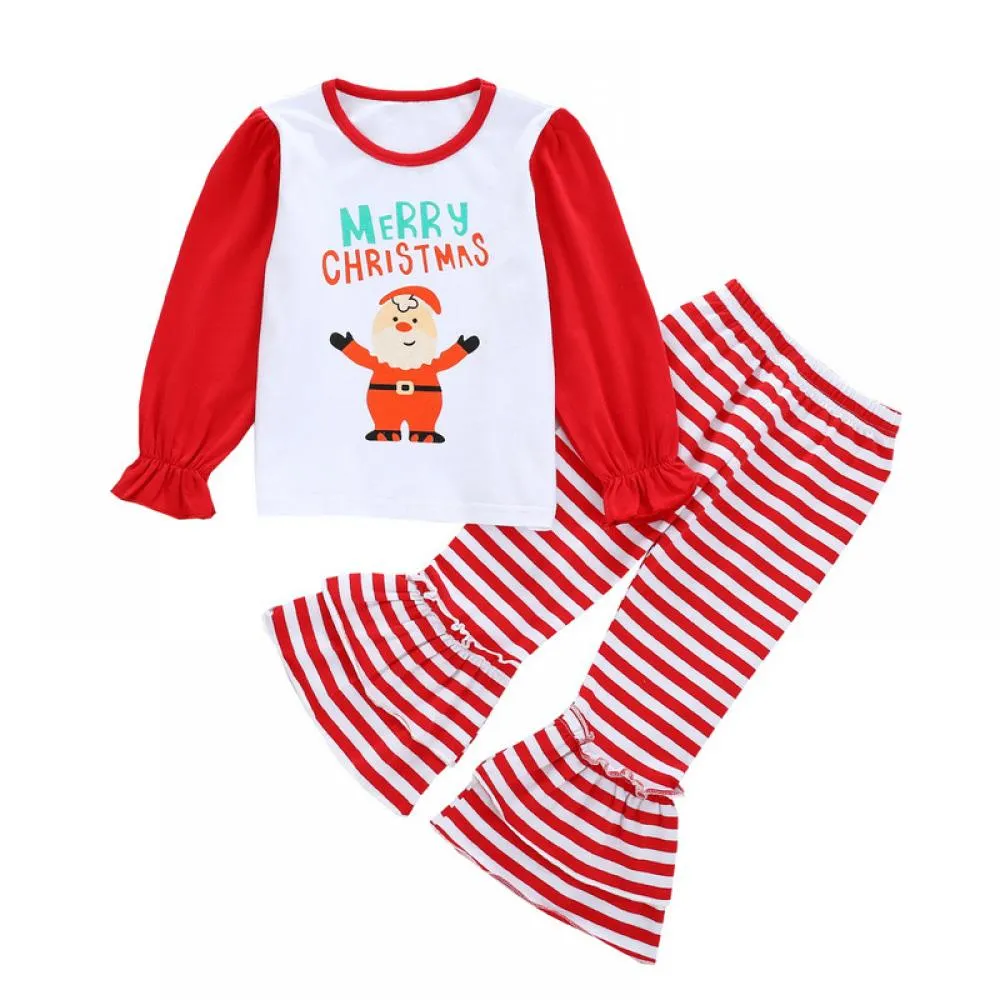 Christmas Children's Clothing Santa Claus Letter Print Long Sleeve Top Striped Flared Pants Set Wholesale