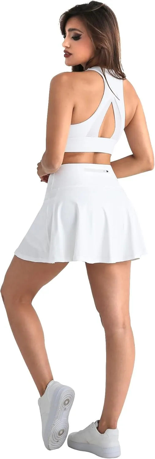 CHRLEISURE Women Tennis Golf Skirt with Pockets - High Waisted Crossover Golf Pleated Athletic Workout Dress Running Skort