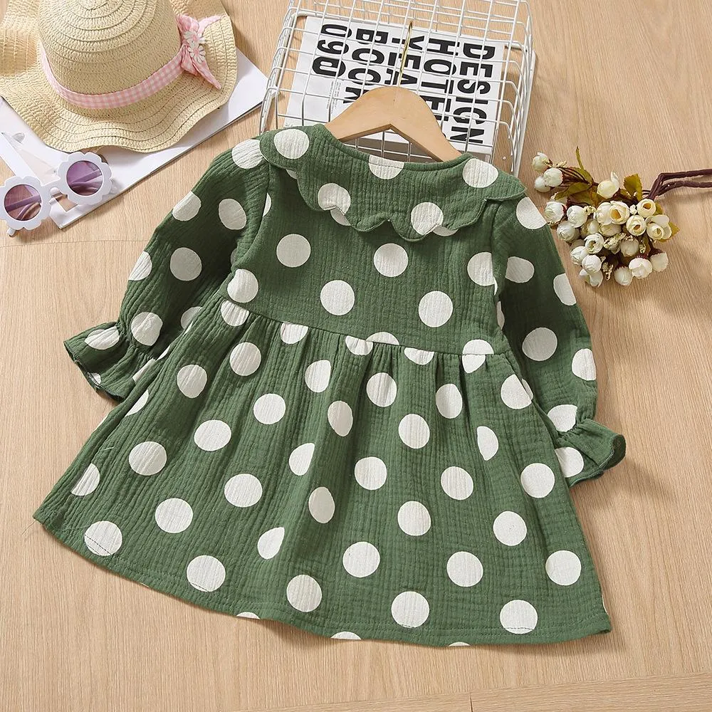 Cotton Linen Polka Dot Ruffle Girls Dress Wholesale