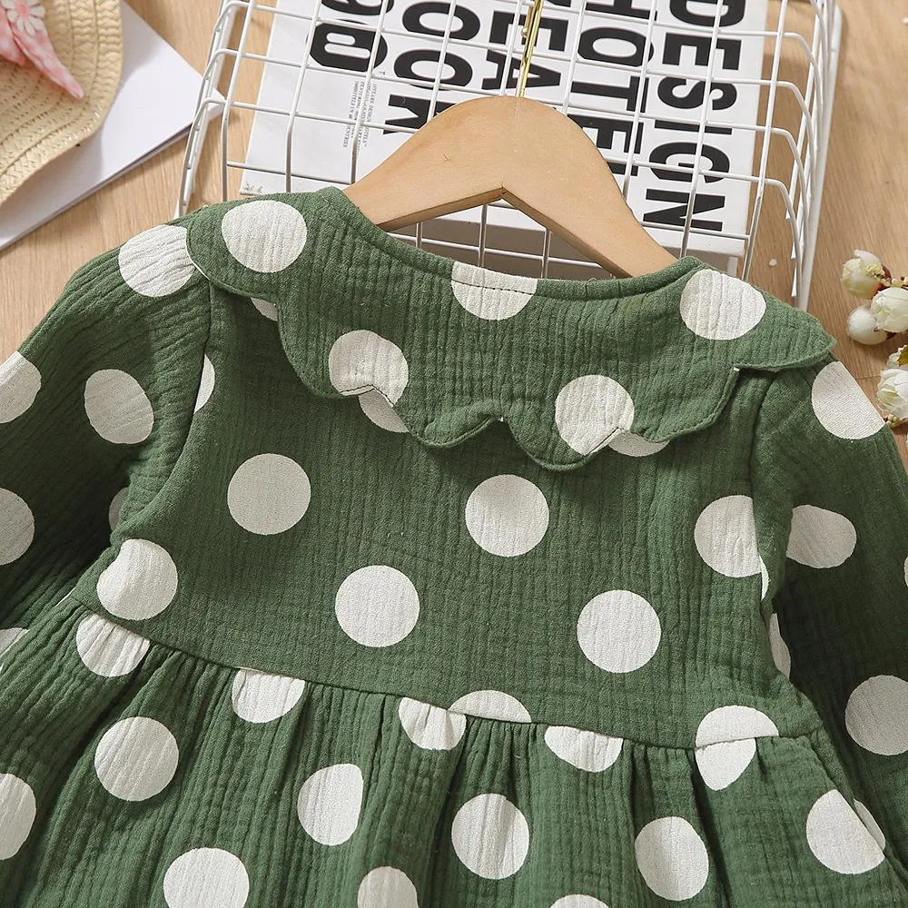 Cotton Linen Polka Dot Ruffle Girls Dress Wholesale