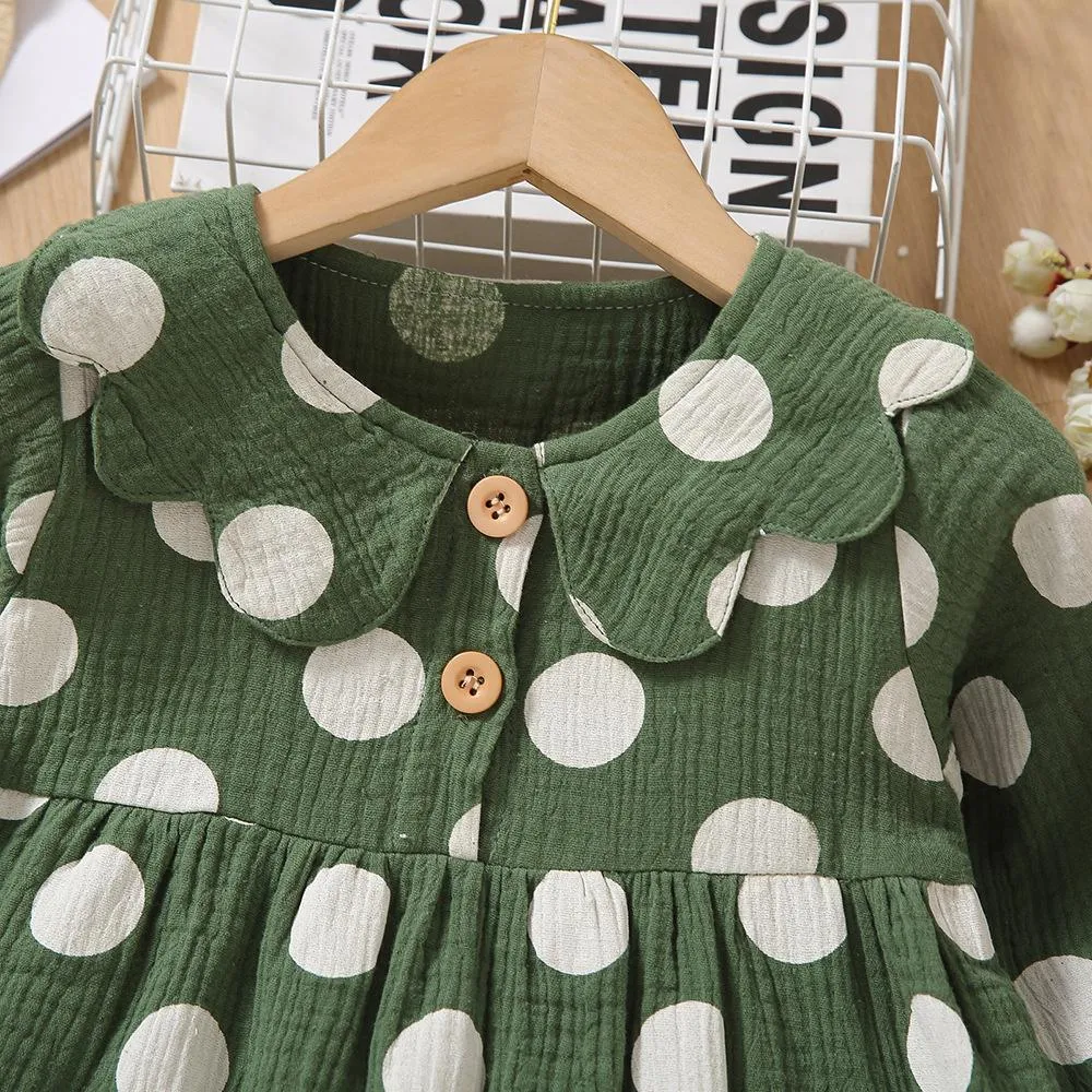 Cotton Linen Polka Dot Ruffle Girls Dress Wholesale