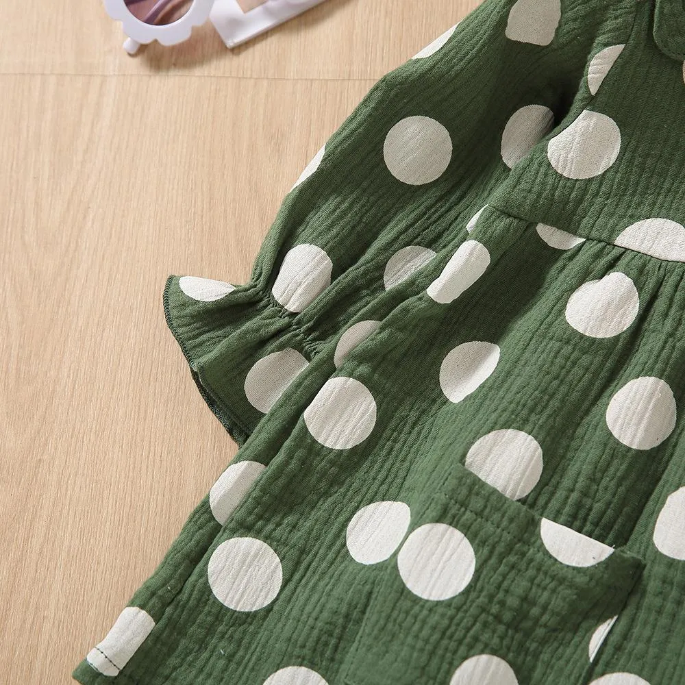 Cotton Linen Polka Dot Ruffle Girls Dress Wholesale