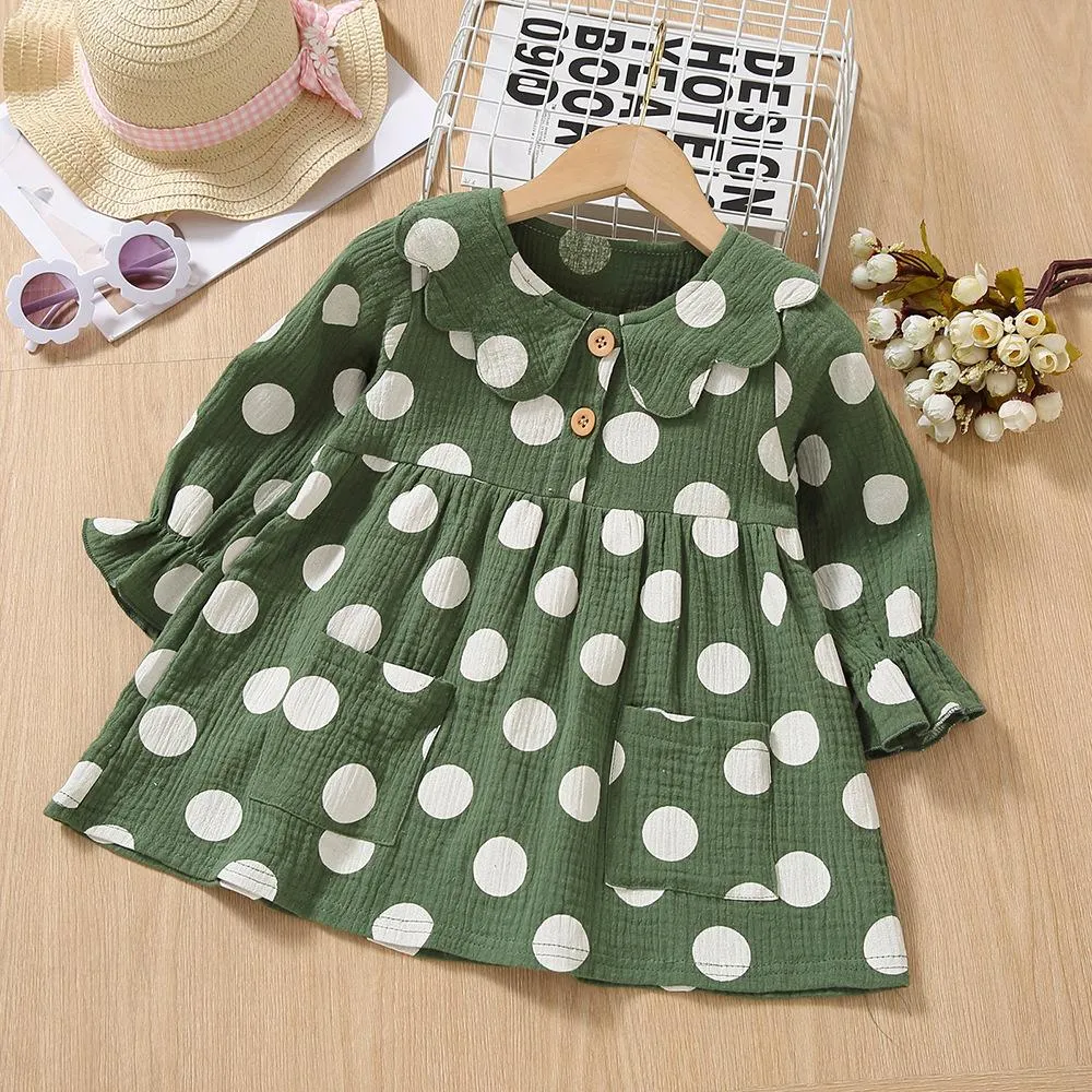 Cotton Linen Polka Dot Ruffle Girls Dress Wholesale
