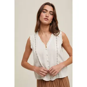 Cream Sleeveless Floral Trim Detail Blouse