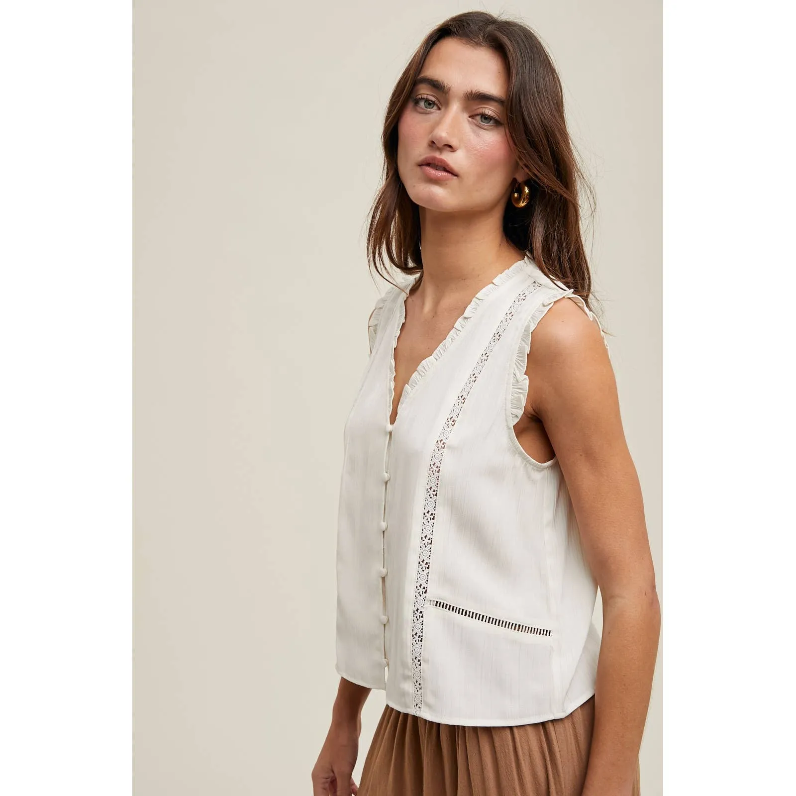 Cream Sleeveless Floral Trim Detail Blouse