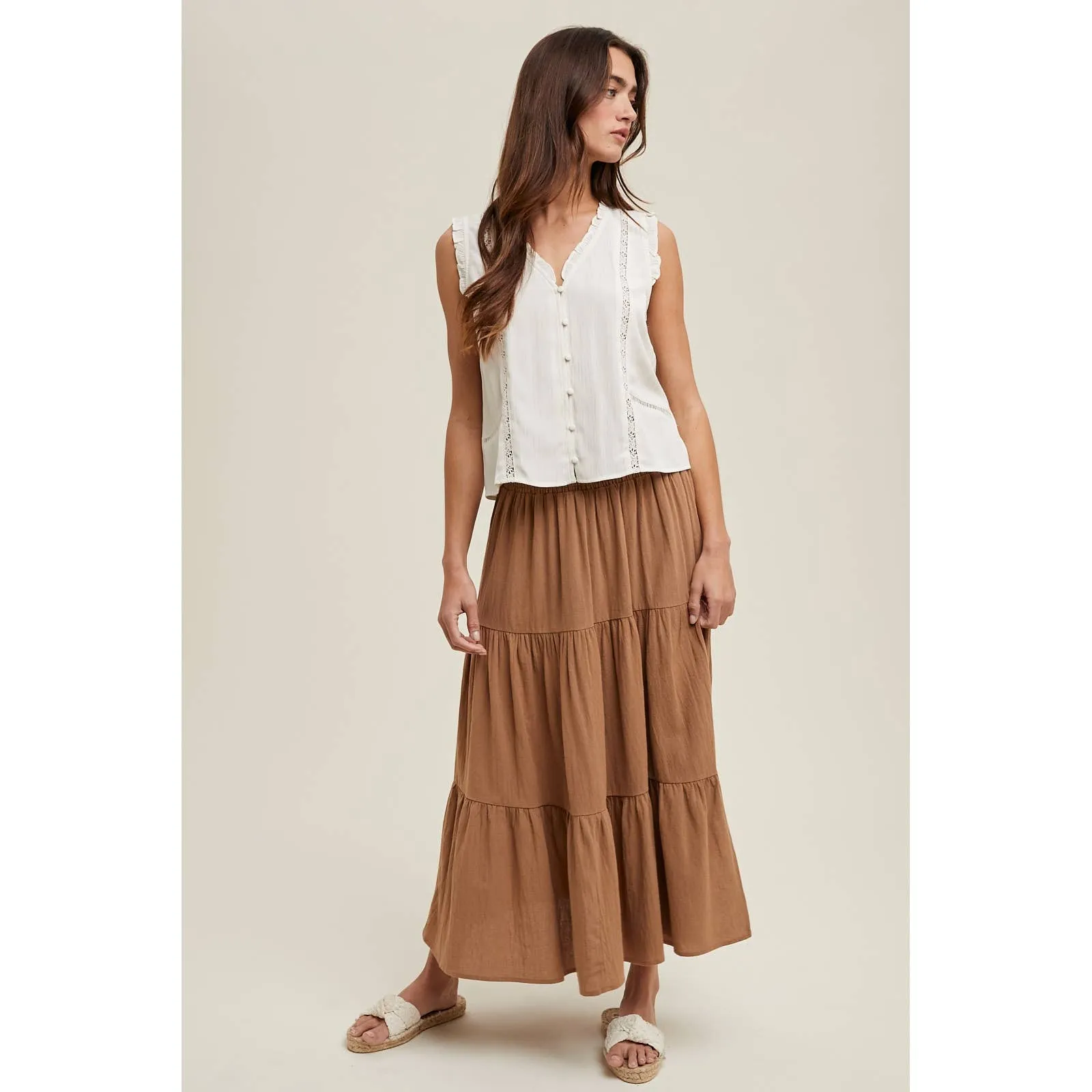 Cream Sleeveless Floral Trim Detail Blouse