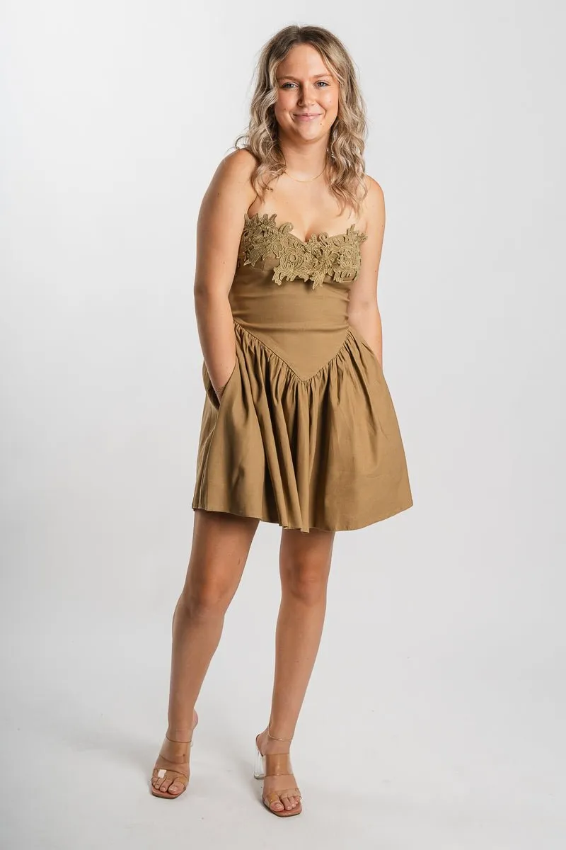 Crochet strapless romper dark beige