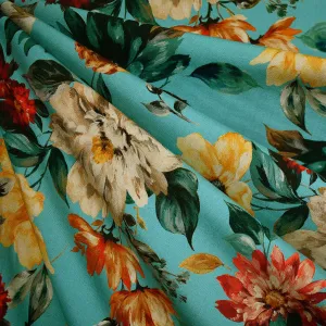 Designer Colorful Autumn Floral Rayon Challis Turquoise/Rust SY