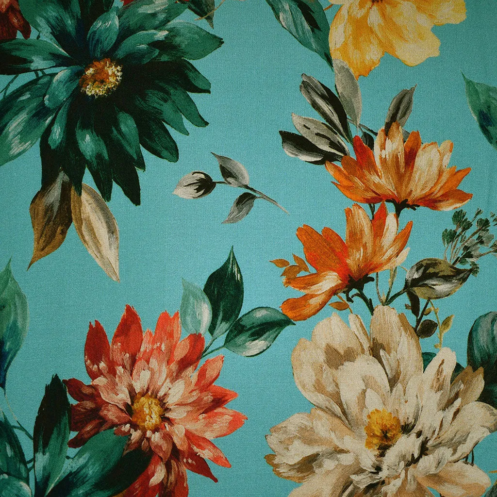 Designer Colorful Autumn Floral Rayon Challis Turquoise/Rust SY