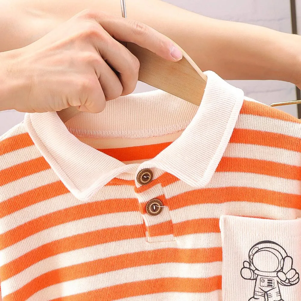Fall Boys' Polo Collar Striped Casual Two Piece Set Wholesale Kids Clothes