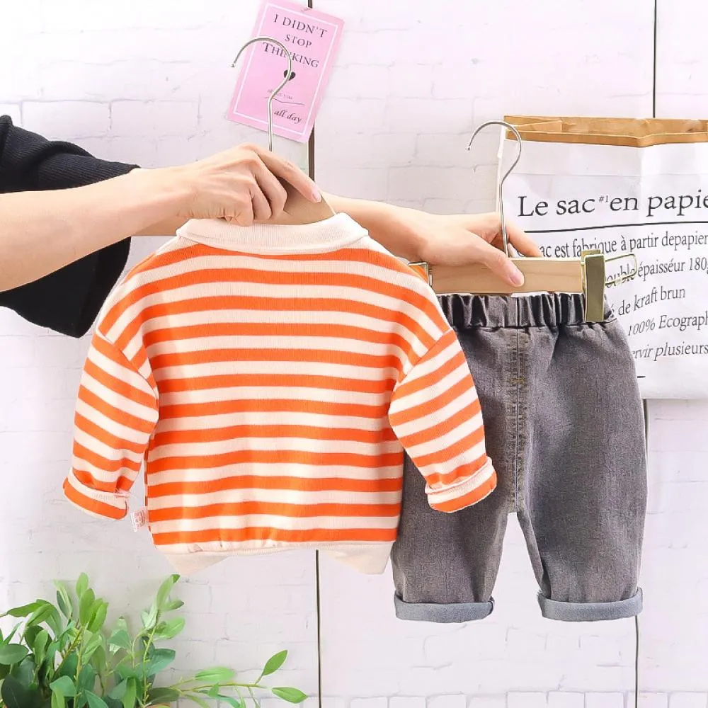 Fall Boys' Polo Collar Striped Casual Two Piece Set Wholesale Kids Clothes